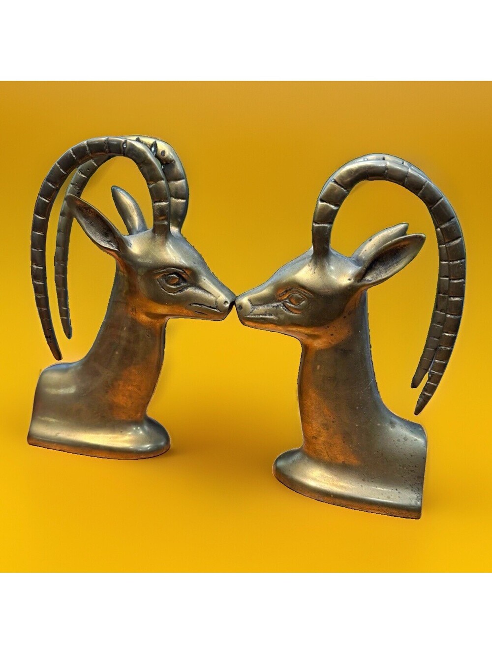 Pair of heavy Vintage gazelle antelope deer antler brass bookends
